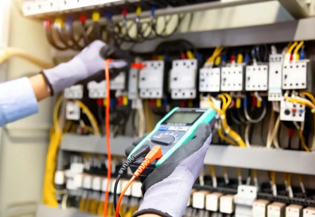 Electrician testing a commercial electrical panel